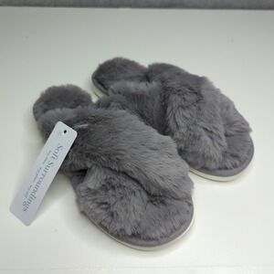 New Soft Surroundings Gray Faux Fur Criss Cross‎ Slip On Slippers Womens S Fuzzy